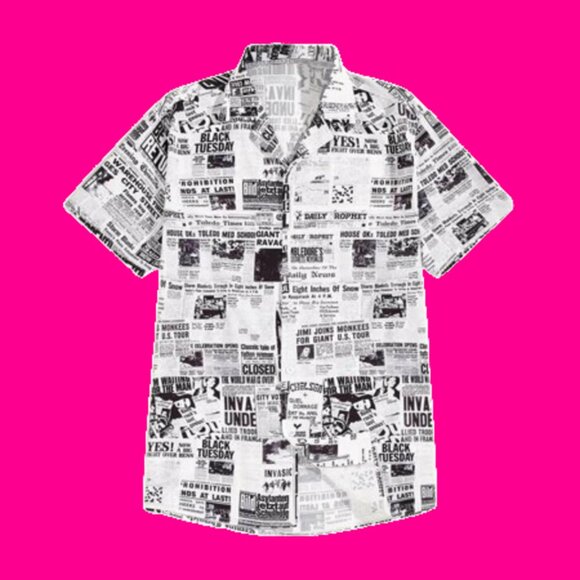 new nwot mens retro newspaper button down shirt size small - Picture 1 of 6